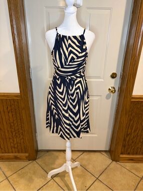 SHENHE Geometric Halter Mini Dress | Blue & Cream | Medium | NWT